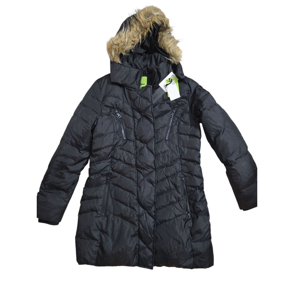 Sam Edelman Womens Black Hooded Puffer Coat Faux Fur Trim Long Jacket Small